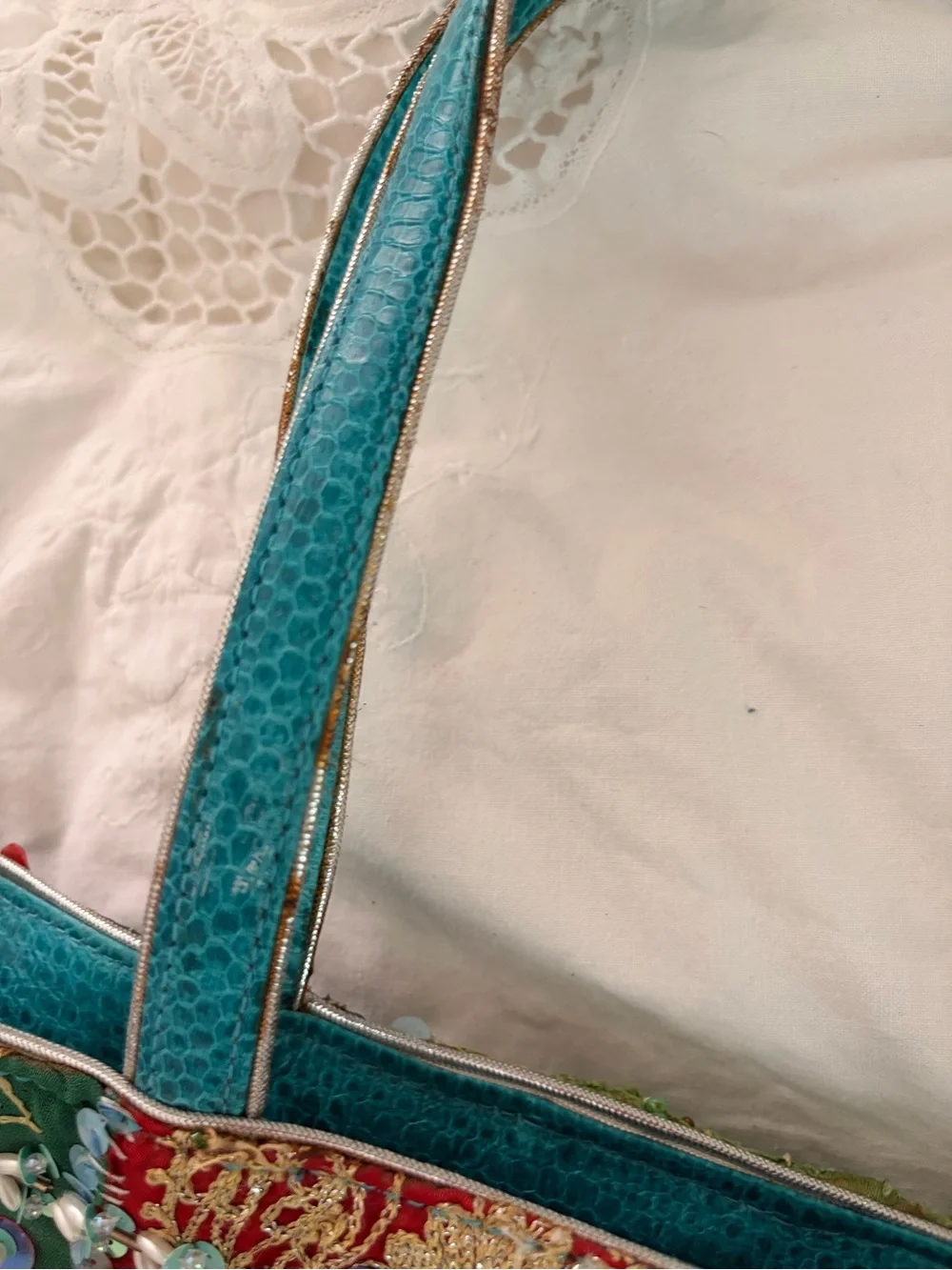 Vintage Embroidered Floral Patchwork Tote in Turquoise and Multicolor